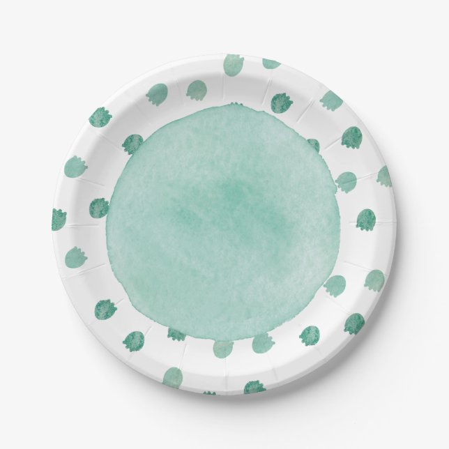 Prato De Papel Chá de Bebê Dinossauro Aquarela Verde (Frente)