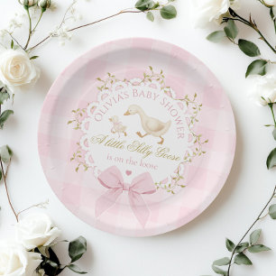 Prato De Papel Chá de Bebê do Ganso Bobo com Laço de Xadrez Rosa