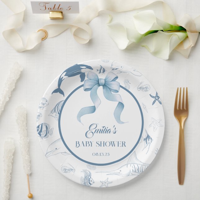 Prato De Papel Chá de Bebê do Mar Azul Divertido (Casamento)