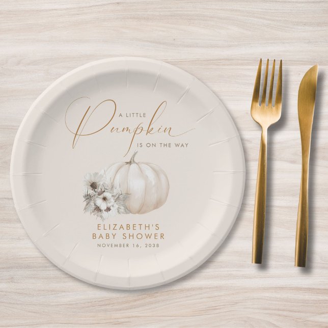 Prato De Papel Chá de Bebê do Pequeno Abóbora de Outono (Little Pumpkin Fall Baby Shower Paper Plates)