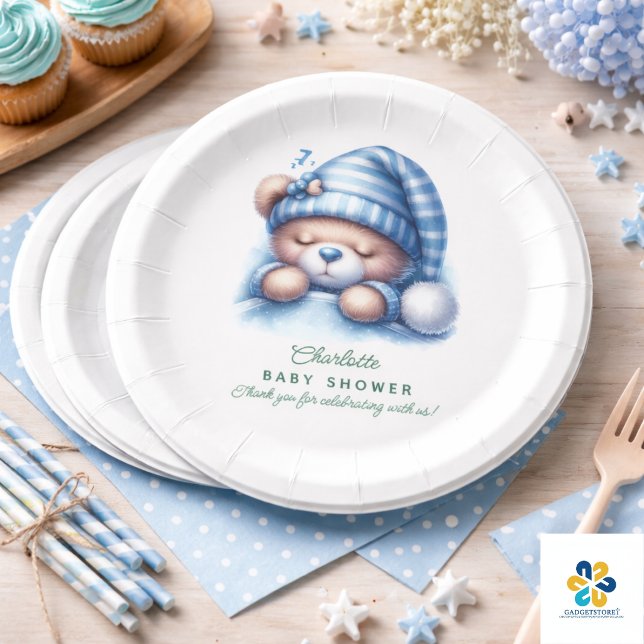 Prato De Papel Chá de Bebê do Ursinho de Pelúcia Fofo (Cute Teddy Bear Baby Shower Paper Plates)