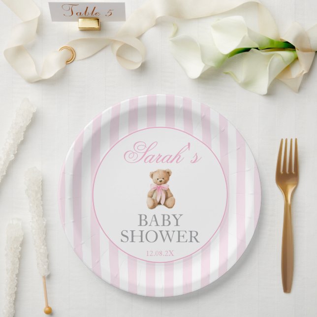 Prato De Papel Chá de Bebê do Urso com Listras Rosa (Casamento)