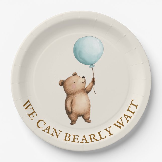 Prato De Papel Chá de Bebê do Urso em Aquarela com Balão (Frente)