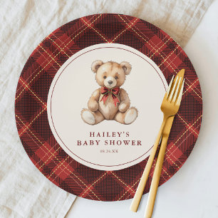 Prato De Papel Chá de Bebê do Urso Teddy Xadrez Vermelho Vintage
