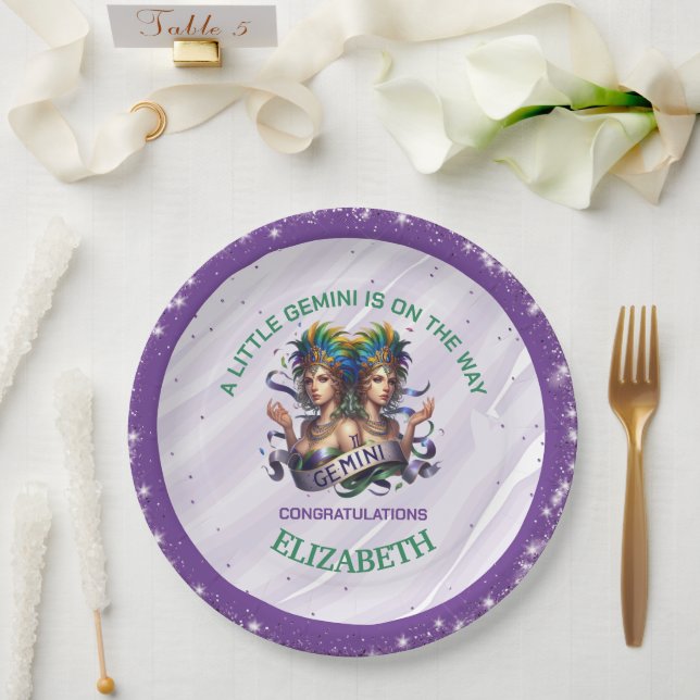 Prato De Papel Chá de Bebê do Zodíaco Gêmeos Lavanda e Verde (Casamento)