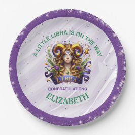 Prato De Papel Chá de Bebê do Zodíaco Libra Lavanda e Verde