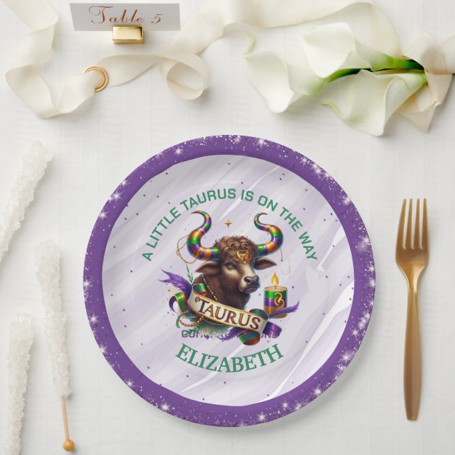 Prato De Papel Chá de Bebê do Zodíaco Touro Lavanda e Verde (Casamento)
