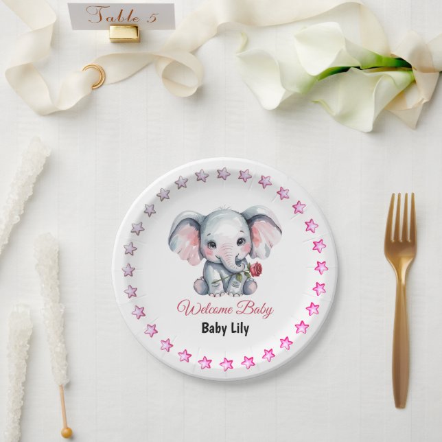 Prato De Papel Chá de Bebê Elefante Rosa em Aquarela (Casamento)
