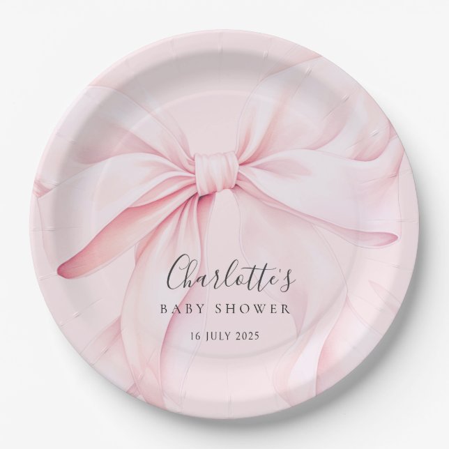 Prato De Papel Chá de Bebê Elegante com Laço Rosa (Frente)
