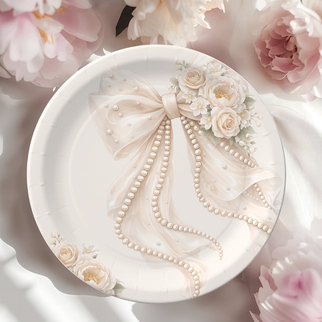 Prato De Papel Chá de Bebê Elegante Floral com Laço (Criador carregado)