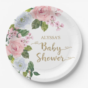 Prato De Papel Chá de Bebê Elegante Rosa Branco Rosas Florais Scr