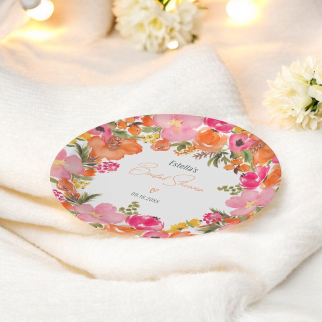 Prato De Papel Chá de bebê em tom de rosa laranja moderno com flo (Modern Orange pink floral script bridal shower Paper Plates)