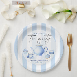 Prato De Papel Chá de Bebê Festa de Chá em Aquarela Azul