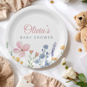 Prato De Papel Chá de Bebê Flor de Campo Boho Rosa Aguarela