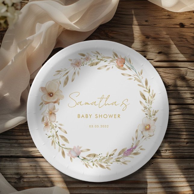 Prato De Papel Chá de Bebê Floral Boho (Boho Flower Baby Shower Pastel - White Custom Paper Plates with your Name & Date.)