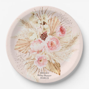 Prato De Papel Chá De Bebê Floral Boho, Grama, Rosa