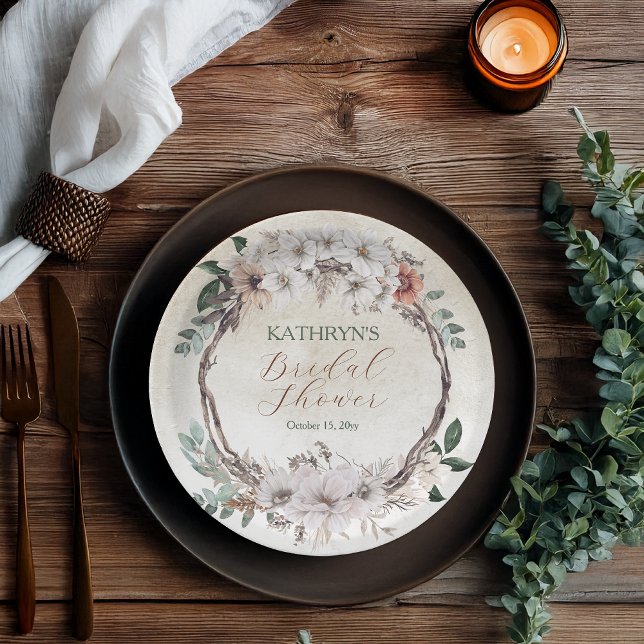 Prato De Papel Chá de Bebê Floral Boho Muted Outono (Boho Muted Fall Floral and Grapevine Wreath "Fall in Love"  Collection Bridal Shower Paper Plates)