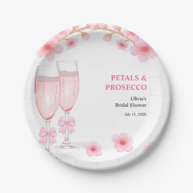 Prato De Papel Chá de Bebê Floral com Laço Rosa e Prosecco  (Frente)