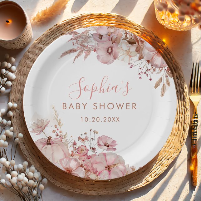 Prato De Papel Chá de Bebê Floral de Outono Boho Abóbora (Criador carregado)