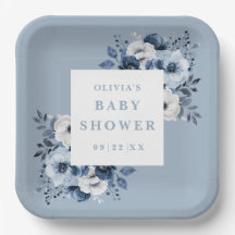 Chá de Bebê Floral Elegante Azul Poeira