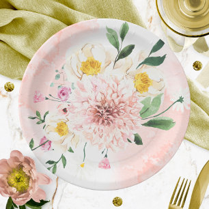 Prato De Papel Chá de Bebê Floral Romântico em Aquarela Rosa