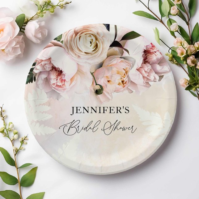 Prato De Papel Chá de Bebê Floral Rosa (Pink Blush Bridal Shower Paper Plates)