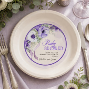 Prato De Papel Chá de Bebê Floral Roxo Elegante