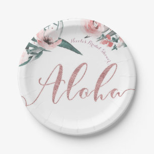 Prato De Papel Chá de Bebê Floral Tropical Rosa Aloha de Verão