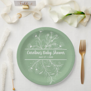 Prato De Papel Chá de Bebê Floral Vintage Verde Menta