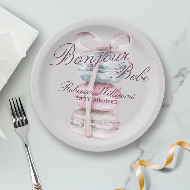 Prato De Papel Chá de Bebê French Macaron Bonjour Bebe (Criador carregado)