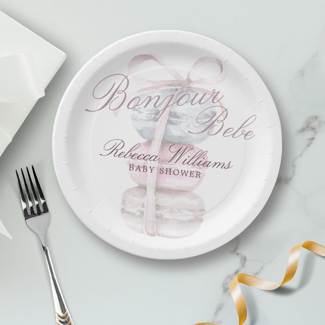 Prato De Papel Chá de Bebê French Macaron Bonjour Bebe (Criador carregado)