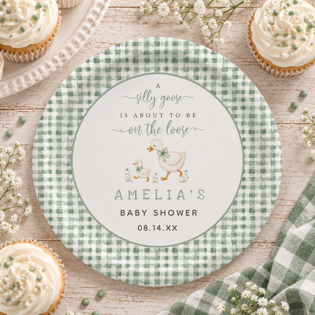Prato De Papel Chá de Bebê Ganso Tolo em Xadrez Verde Sage (Silly Goose Sage Green Gingham Baby Shower Paper Plates)