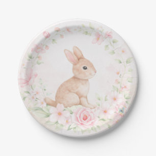 Prato De Papel Chá de Bebê Grinalda Floral Coelho Bunny Aquarela