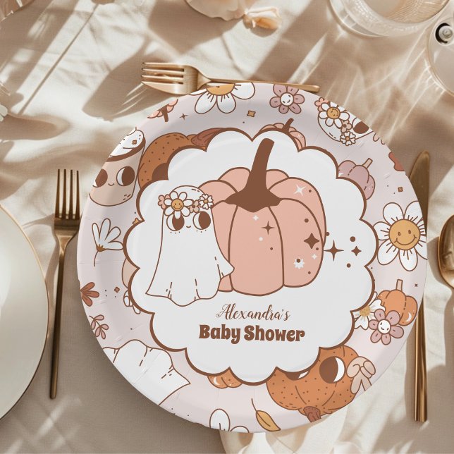 Prato De Papel Chá de Bebê Groovy Halloween Little Boo (Criador carregado)