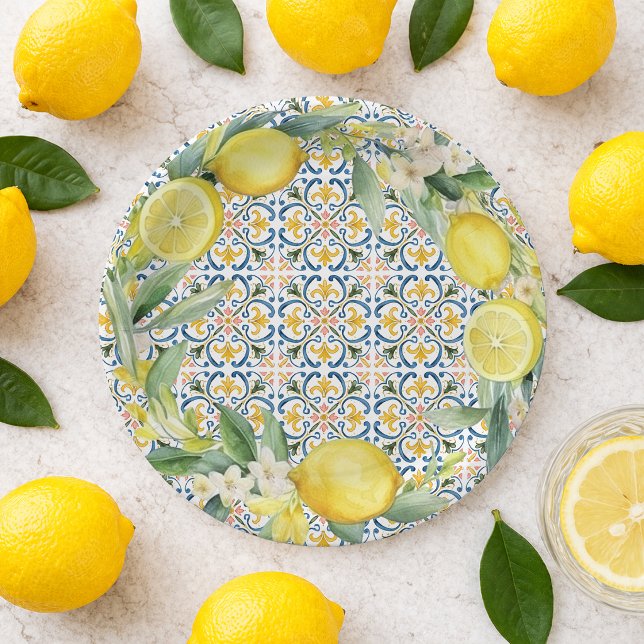 Prato De Papel Chá de Bebê Italiano de Limão (Italian Blue Tile Lemon Paper Plates. Pair with matching invitations, napkins, and decor)