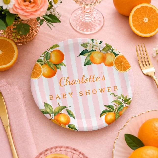 Prato De Papel Chá de Bebê Laranja Cute Citrino  (Citrus Orange Baby shower Paper plates)