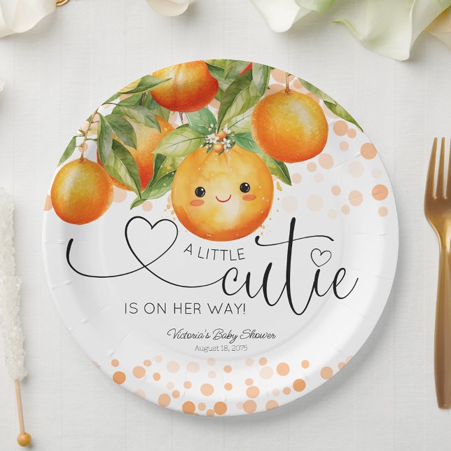 Prato De Papel Chá de Bebê Little Cutie Laranja (Little cutie baby shower paper plates with adorable little face. You can add text to personalize.)