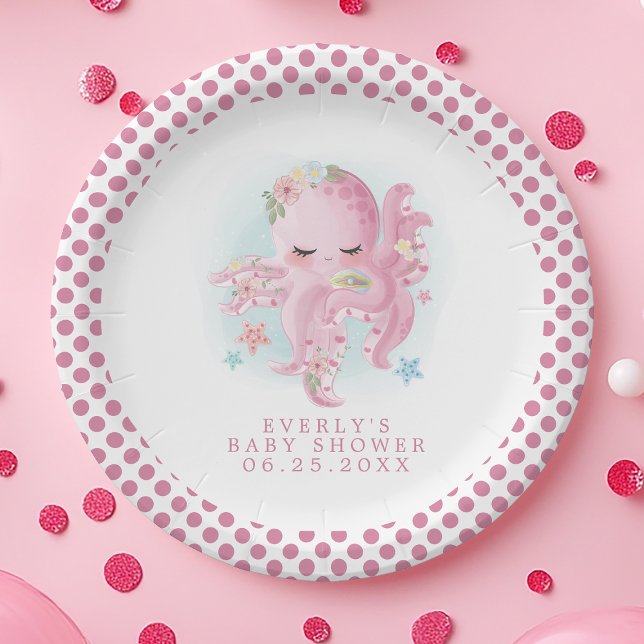 Prato De Papel Chá de Bebê Menina Aquarela Rosa Polvo Fofo (Criador carregado)
