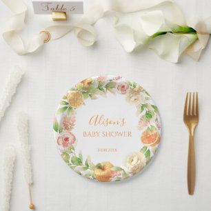 Prato De Papel Chá de Bebê Menina com Greenery e Rosa Amarela Flo
