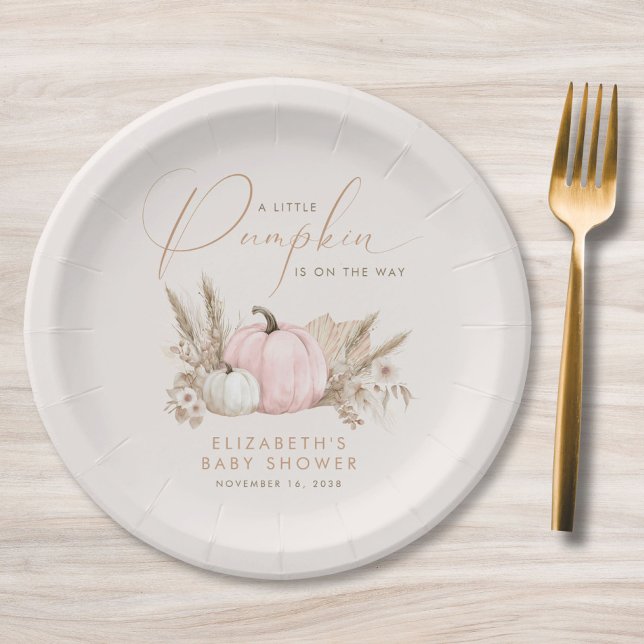 Prato De Papel Chá de Bebê Menina Pequena Abóbora de Outono (Little Pumpkin Fall Baby Girl Shower Paper Plates)