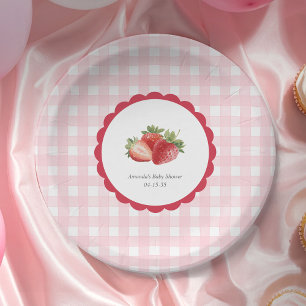 Prato De Papel Chá de Bebê Menina Tema Xadrez Rosa-Moranguejo