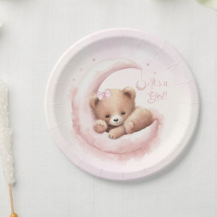 Prato De Papel Chá de Bebê Menina Urso Rosa Bege
