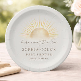 Prato De Papel Chá de Bebê Menino Boho Beige Aqui Vem o Filho    