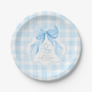 Prato De Papel Chá de Bebê Menino Elegante Xadrez Azul