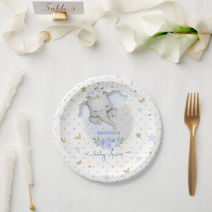 Prato De Papel Chá de Bebê Menino Floral Azul Boho Elefante