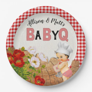 Prato De Papel Chá de Bebê Menino Gingham Vermelho Baby Q Churras