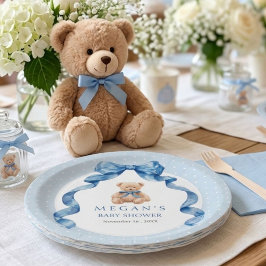 Prato De Papel Chá de Bebê Menino Urso de Pelúcia Azul