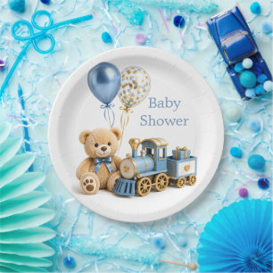 Prato De Papel Chá de Bebê Menino Urso de Pelúcia Azul Dourado Tr