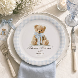 Prato De Papel Chá de Bebê Menino Xadrez Azul Urso