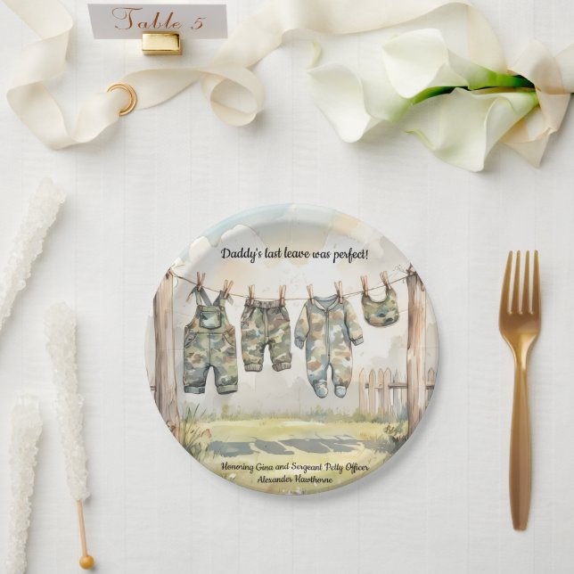 Prato De Papel Chá de Bebê Militar (Casamento)